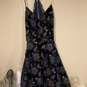 navy blue, velvet flower patterned dress
